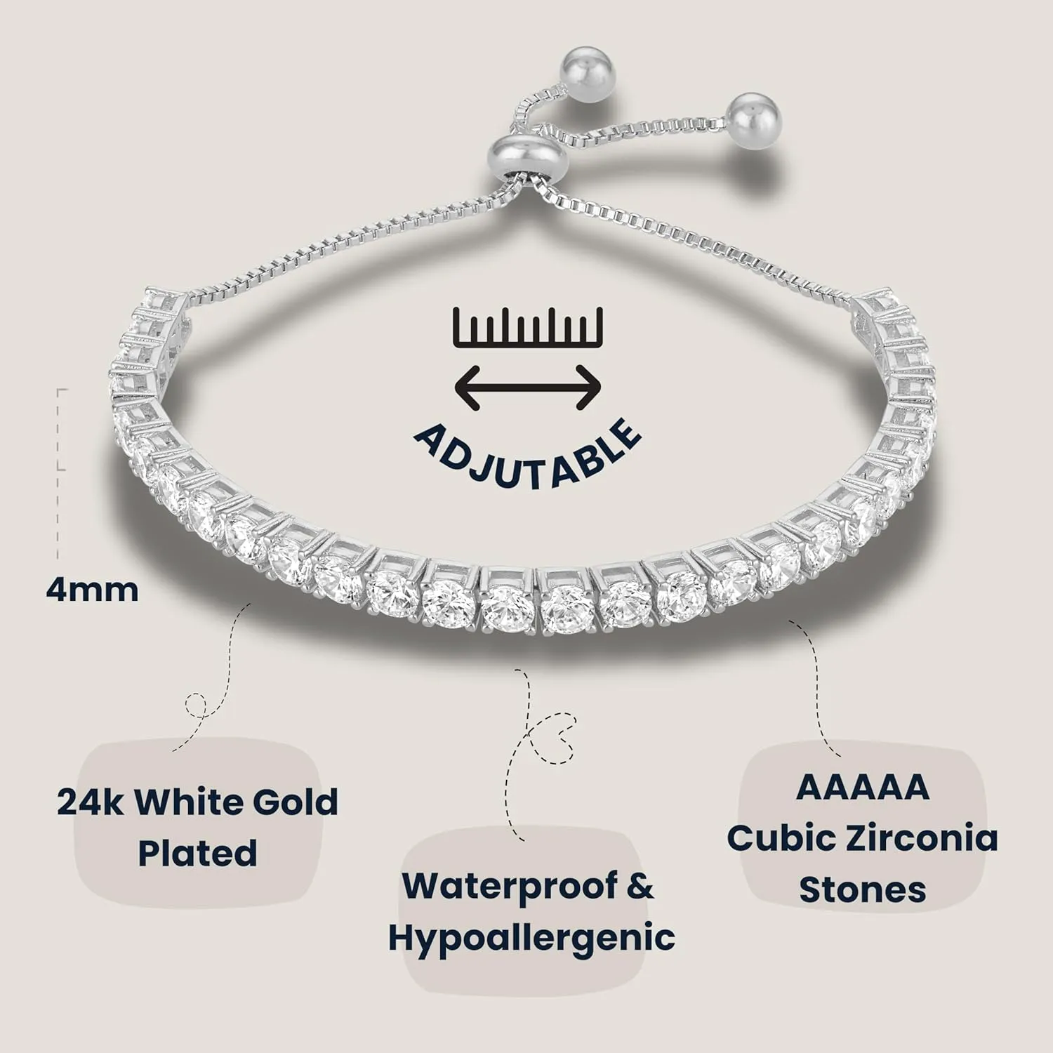 KISPER Adjustable Tennis Bracelet for Women - 18K White Gold or Gold Plated Round Cut AAAAA CZ, 2mm/3mm/4mm Dainty Cubic Zirconia Bracelet, Elegant Gift