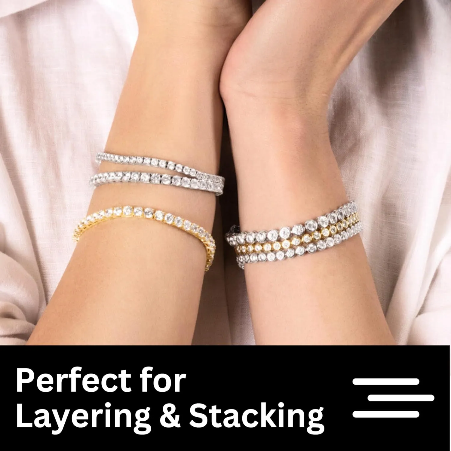 KISPER Adjustable Tennis Bracelet for Women - 18K White Gold or Gold Plated Round Cut AAAAA CZ, 2mm/3mm/4mm Dainty Cubic Zirconia Bracelet, Elegant Gift