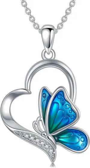 Lab Grown Diamond Blue Butterfly Necklace for Women in 925 Sterling Silver