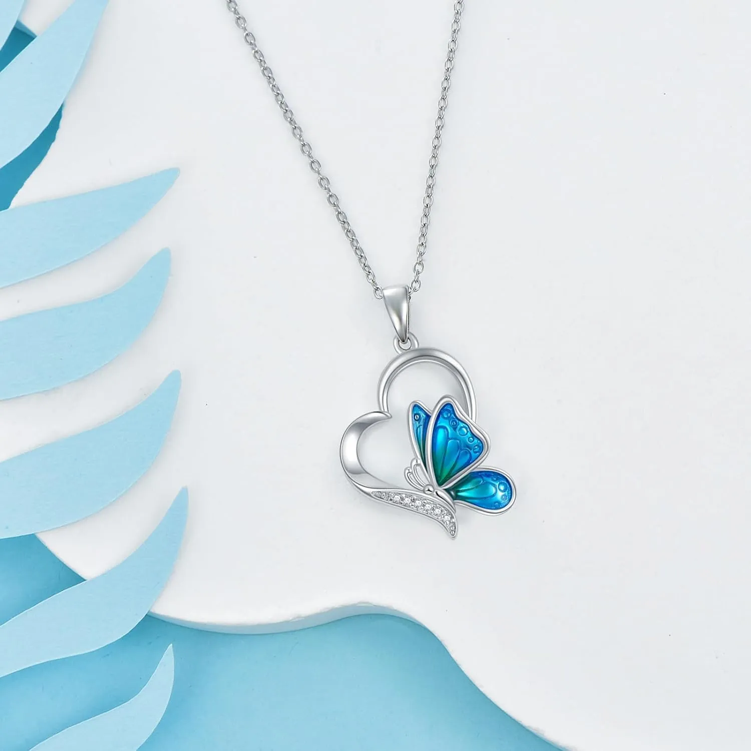 Lab Grown Diamond Blue Butterfly Necklace for Women in 925 Sterling Silver