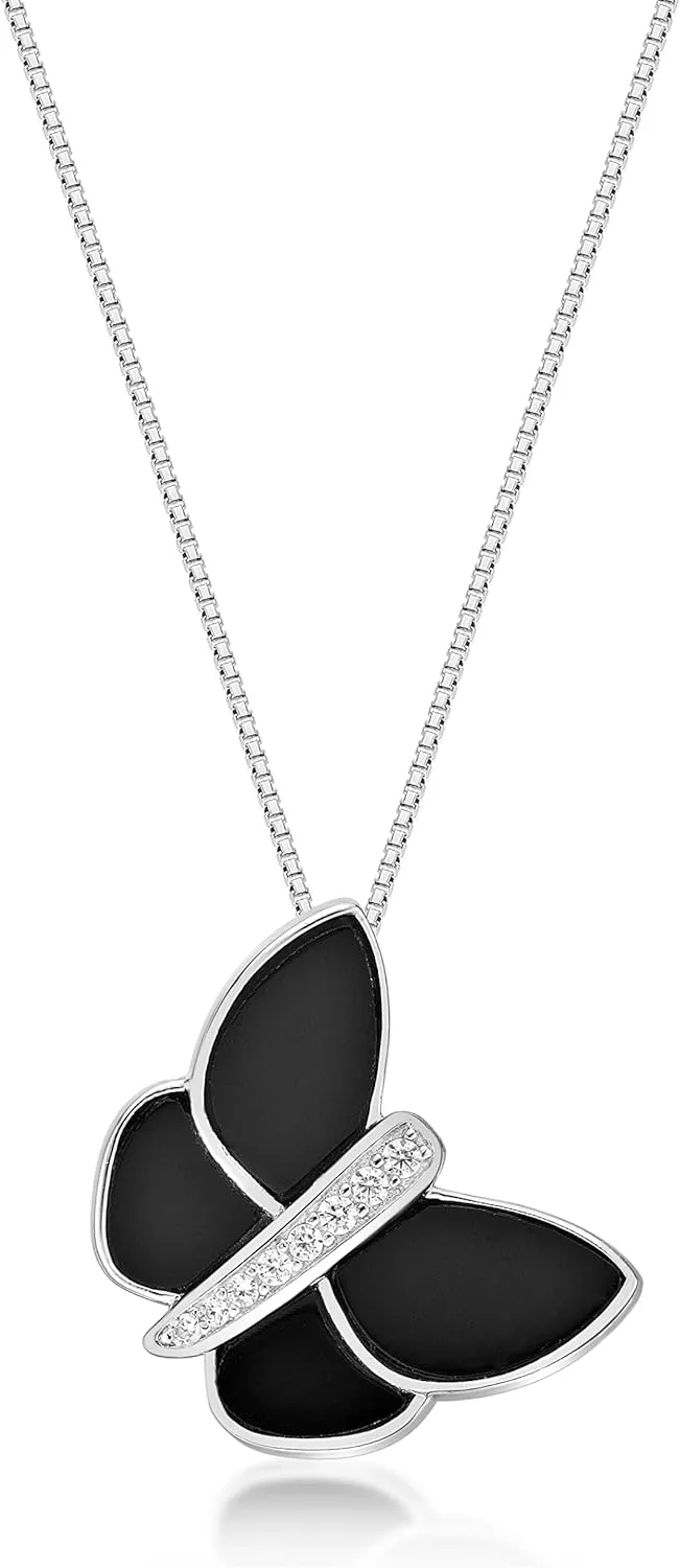 Lavari Jewelers Black Onyx, Mother of Pearl or Malachite and Cubic Zirconia Butterfly Pendant Necklace for Women in 925 Sterling Silver on 18 Inch Chain with Spring Ring