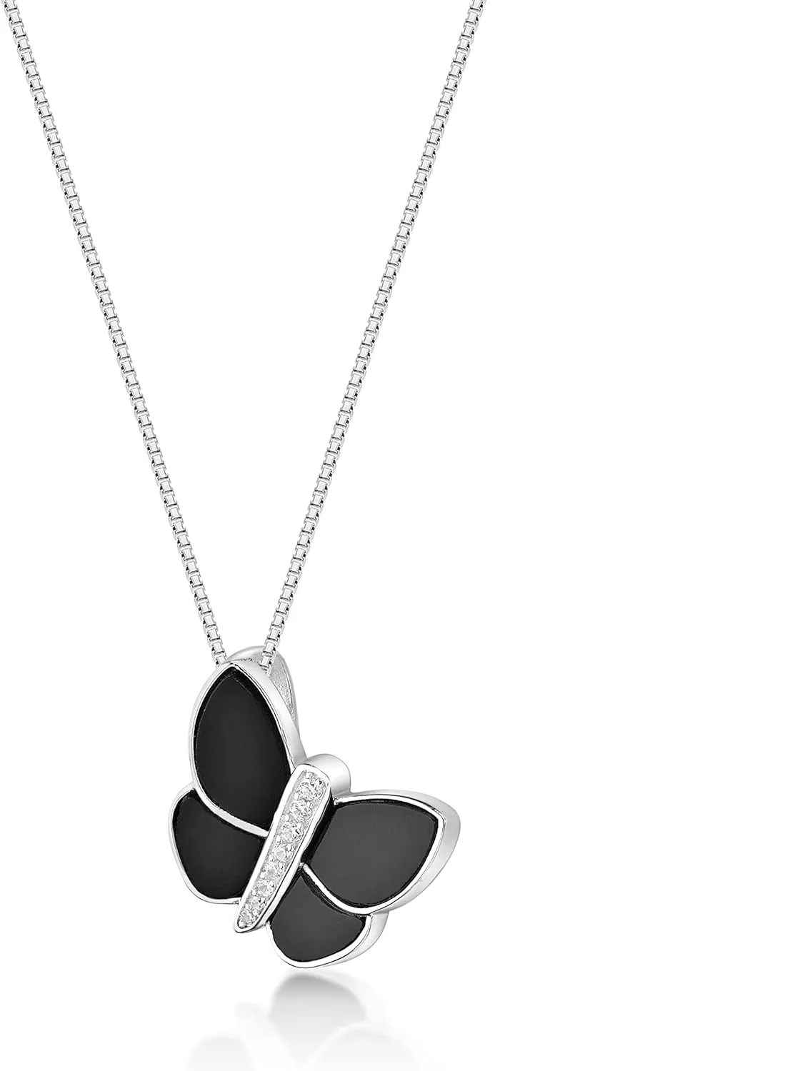 Lavari Jewelers Black Onyx, Mother of Pearl or Malachite and Cubic Zirconia Butterfly Pendant Necklace for Women in 925 Sterling Silver on 18 Inch Chain with Spring Ring