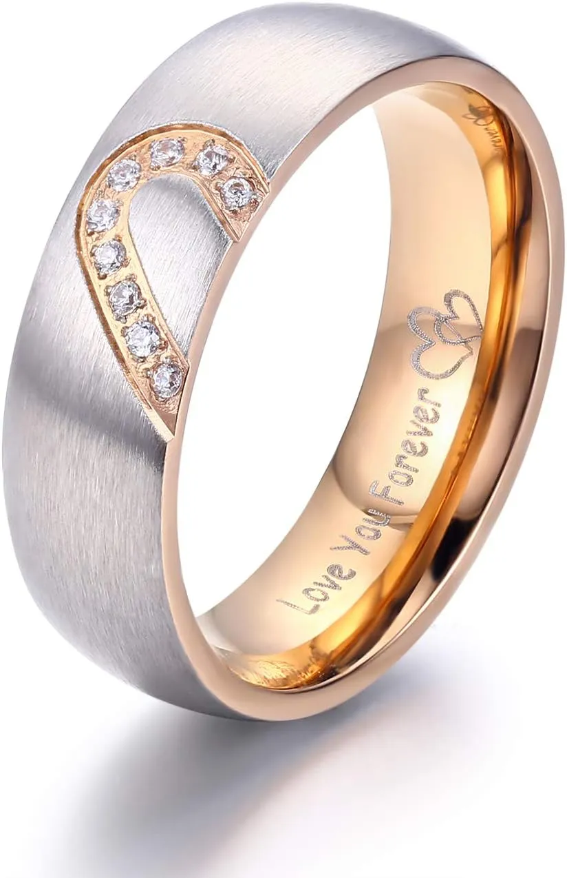 LAVUMO Matching Promise Rings for Couples Love You Forever Wedding Bands Sets for Him and Her Half Heart Rings Stainless Steel 6mm with Box Comfort Fit