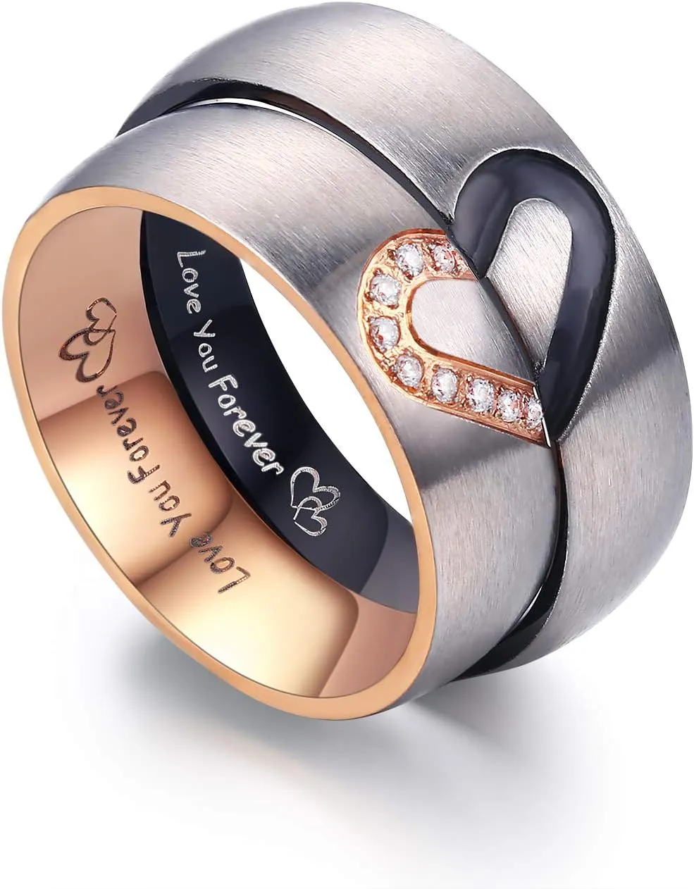 LAVUMO Matching Promise Rings for Couples Love You Forever Wedding Bands Sets for Him and Her Half Heart Rings Stainless Steel 6mm with Box Comfort Fit