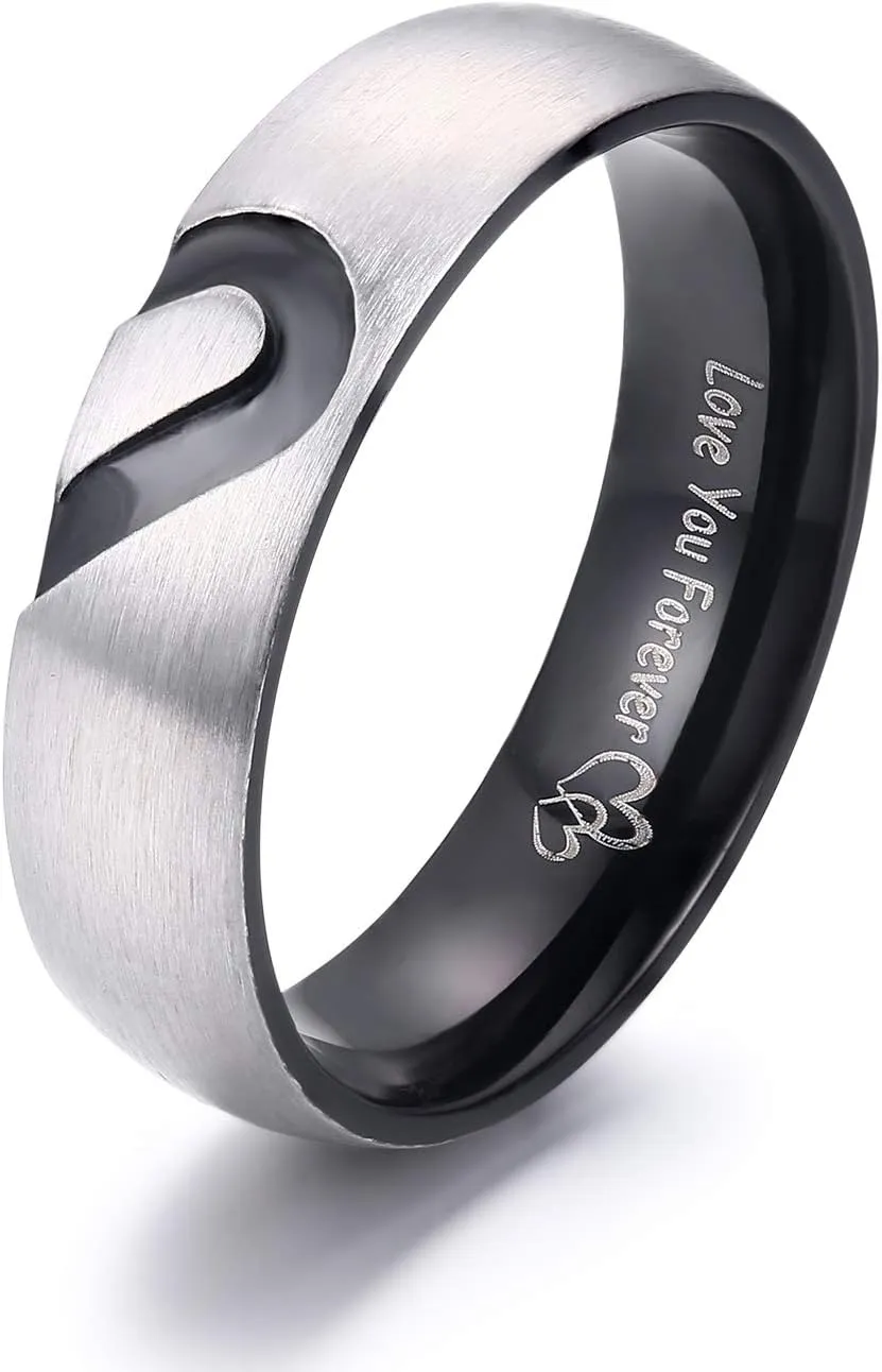 LAVUMO Matching Promise Rings for Couples Love You Forever Wedding Bands Sets for Him and Her Half Heart Rings Stainless Steel 6mm with Box Comfort Fit