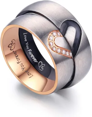 LAVUMO Matching Promise Rings for Couples Love You Forever Wedding Bands Sets for Him and Her Half Heart Rings Stainless Steel 6mm with Box Comfort Fit