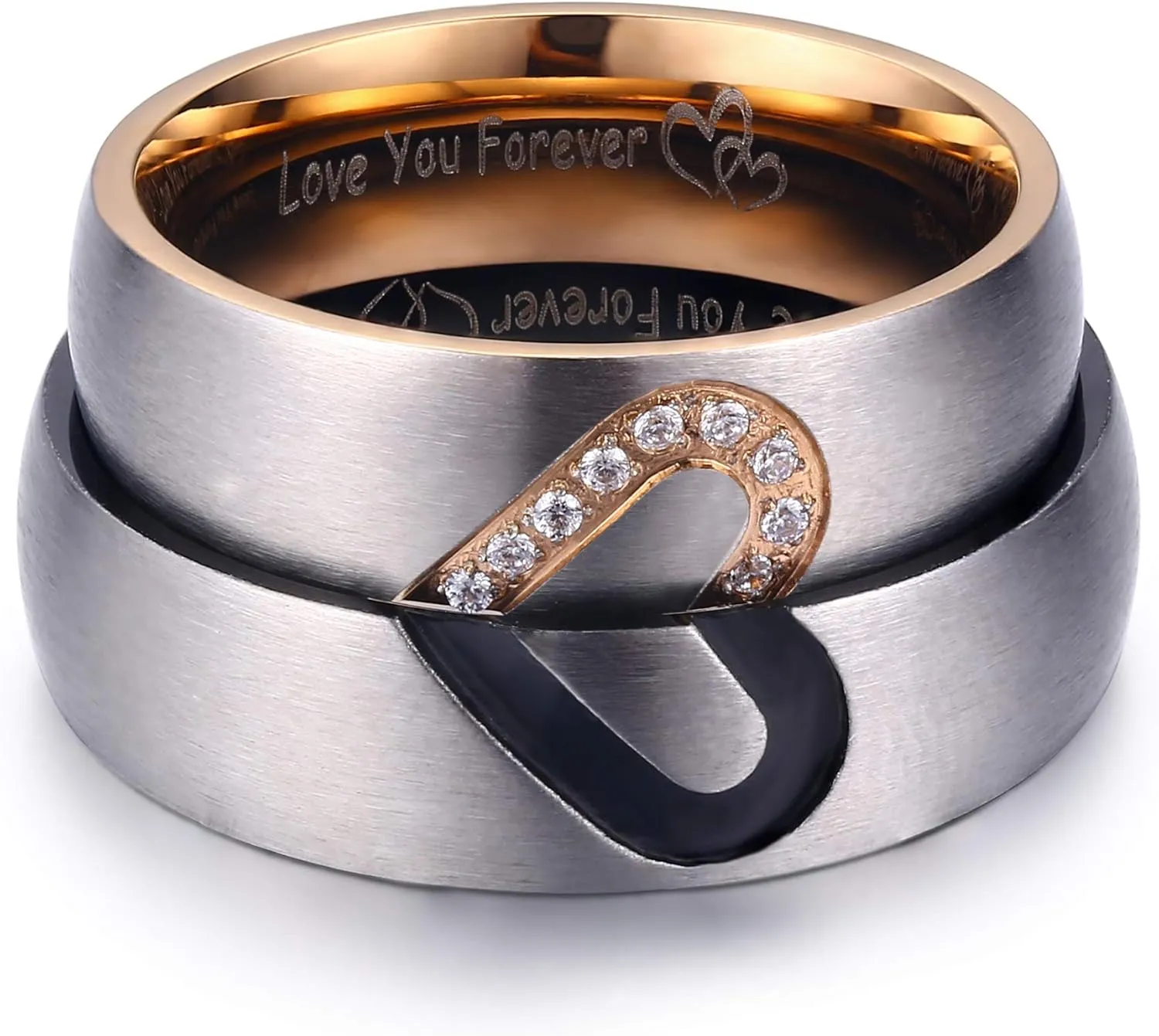 LAVUMO Matching Promise Rings for Couples Love You Forever Wedding Bands Sets for Him and Her Half Heart Rings Stainless Steel 6mm with Box Comfort Fit