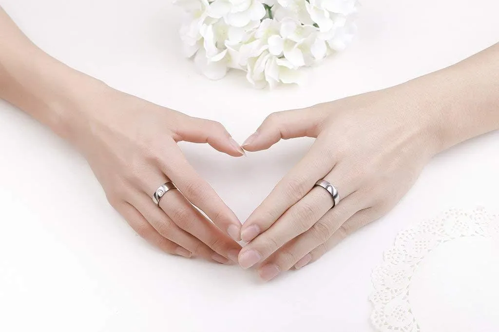 LAVUMO Matching Promise Rings for Couples Love You Forever Wedding Bands Sets for Him and Her Half Heart Rings Stainless Steel 6mm with Box Comfort Fit