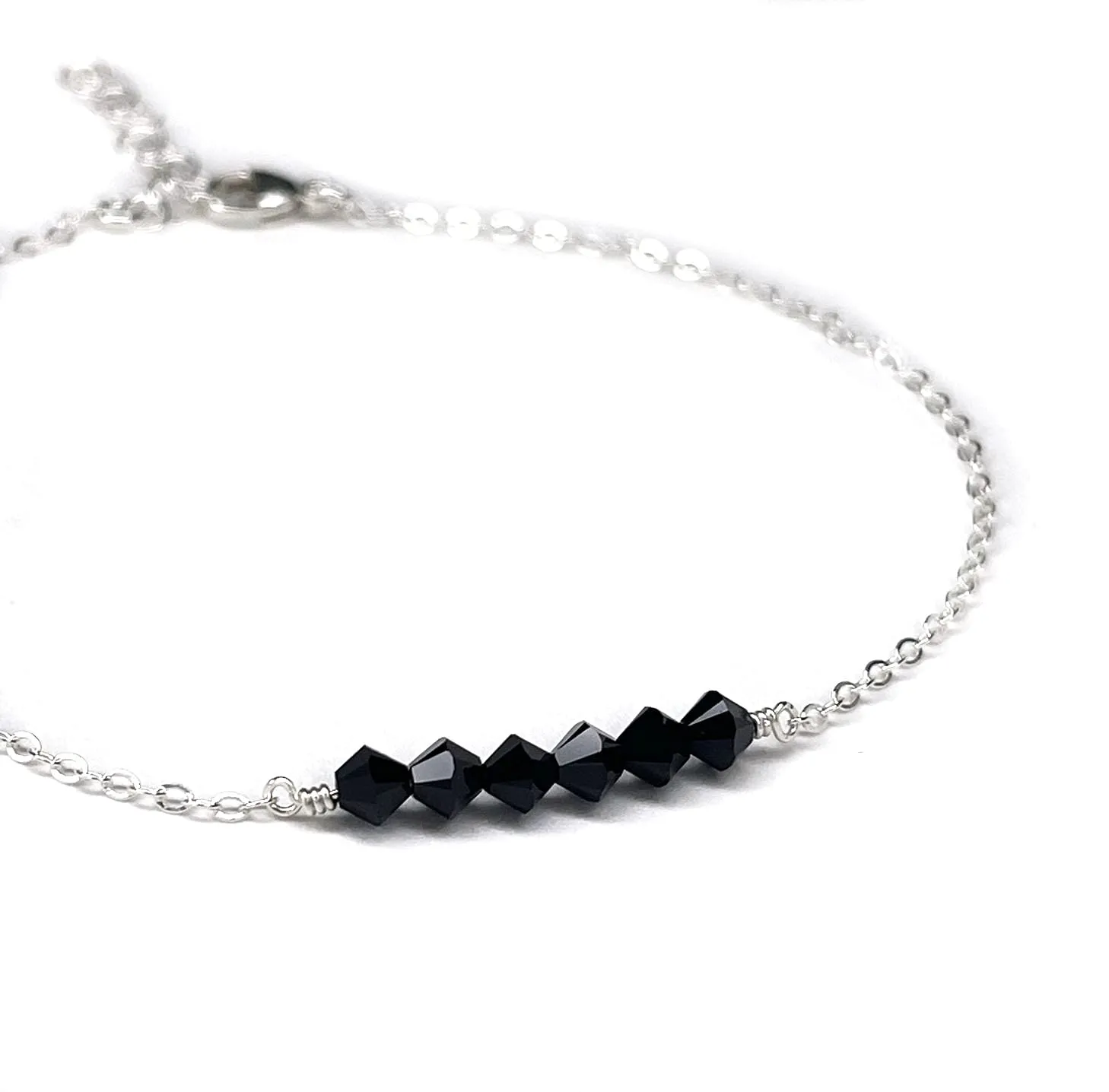 LeSilveStone Black Crystal Sterling Silver anklet embelished with crystals from Swarovski, adjustable simple dainty minimalist chain ankle bracelet for women - Handcrafted in the USA.