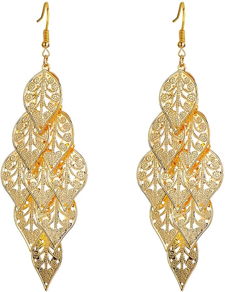 Lightweight Colorful Chandelier Earrings Multi-Layer Filigree Leaf Feater Cluster Dangle Boho Earrings for Women