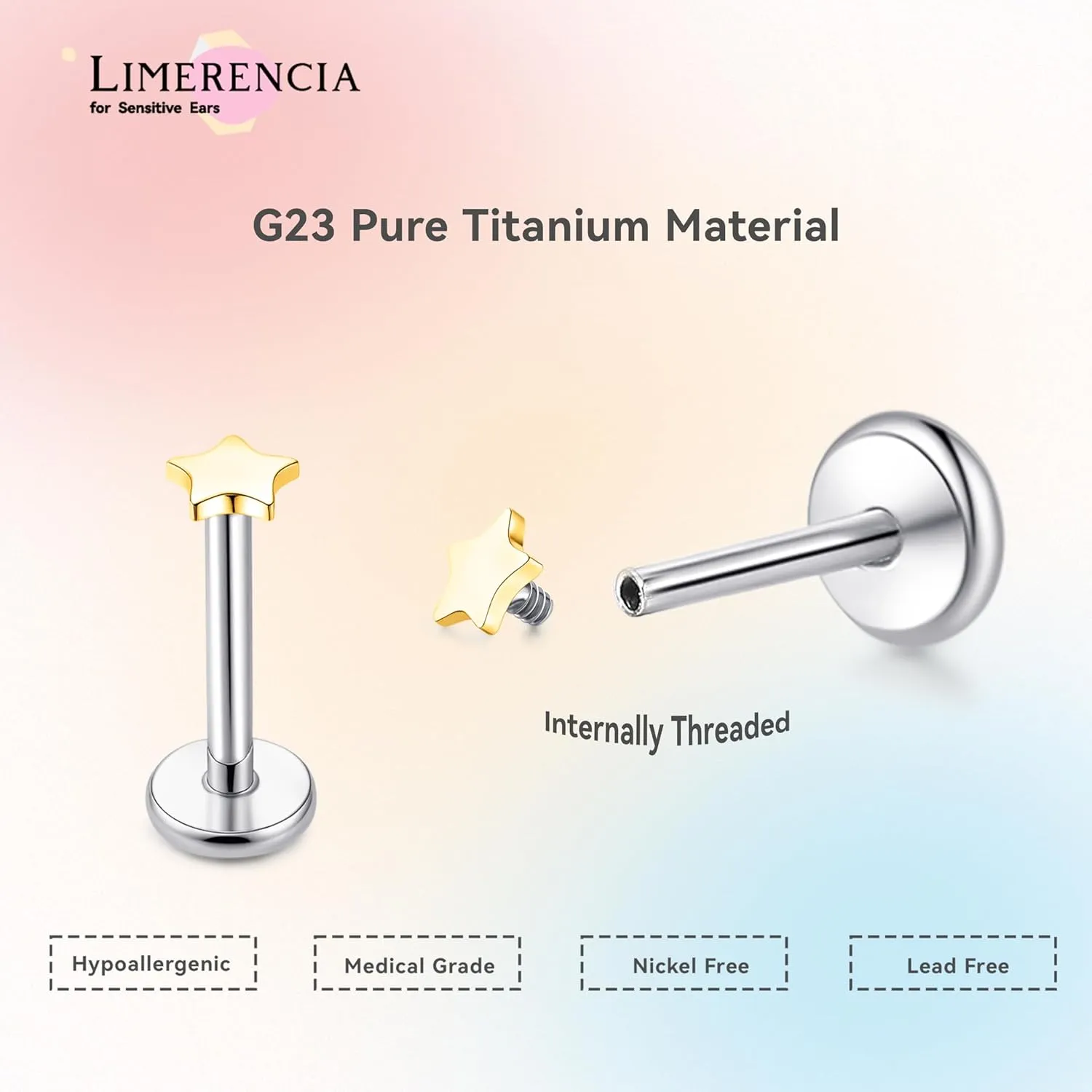 limerencia 18G Pure Titanium Body Piercing Jewelry, G23 Hypoallergenic Flat Back Internally Threaded Tragus Helix Cartilage Conch Medusa Lip Labret Piercing Stud Earrings for Women Men