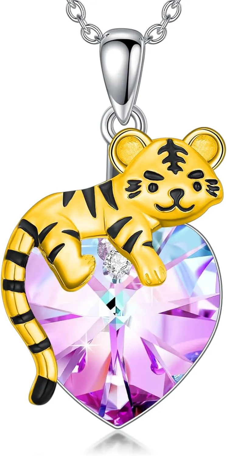 LONAGO Tiger Necklace 925 Sterling Silver Cute Tiger Holding Heart Shaped Crystal Pendant Necklace for Women
