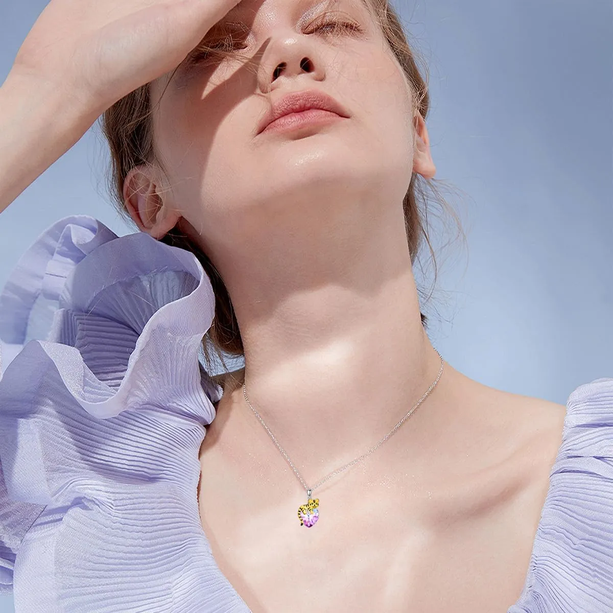 LONAGO Tiger Necklace 925 Sterling Silver Cute Tiger Holding Heart Shaped Crystal Pendant Necklace for Women