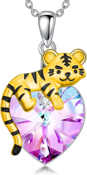 LONAGO Tiger Necklace 925 Sterling Silver Cute Tiger Holding Heart Shaped Crystal Pendant Necklace for Women