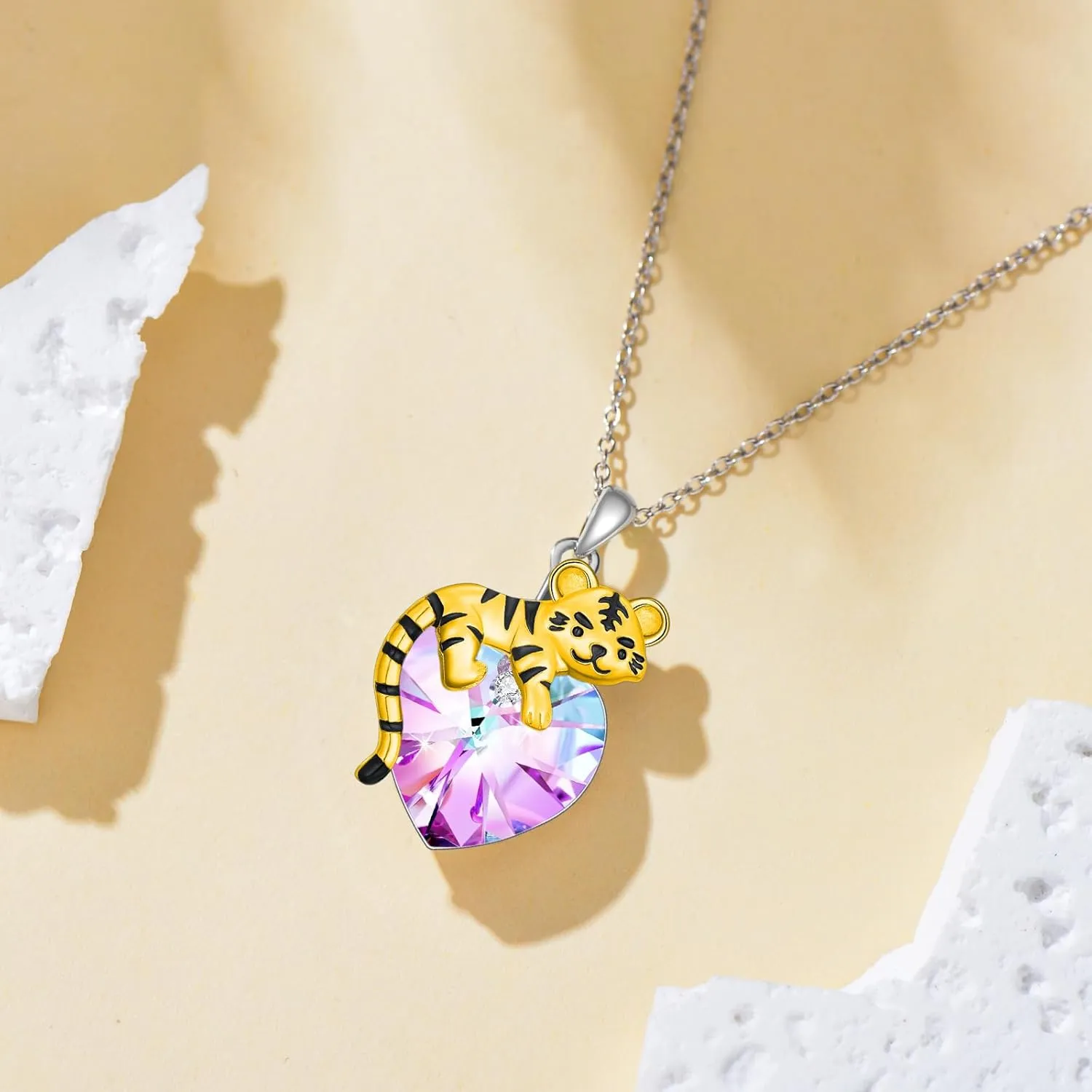 LONAGO Tiger Necklace 925 Sterling Silver Cute Tiger Holding Heart Shaped Crystal Pendant Necklace for Women