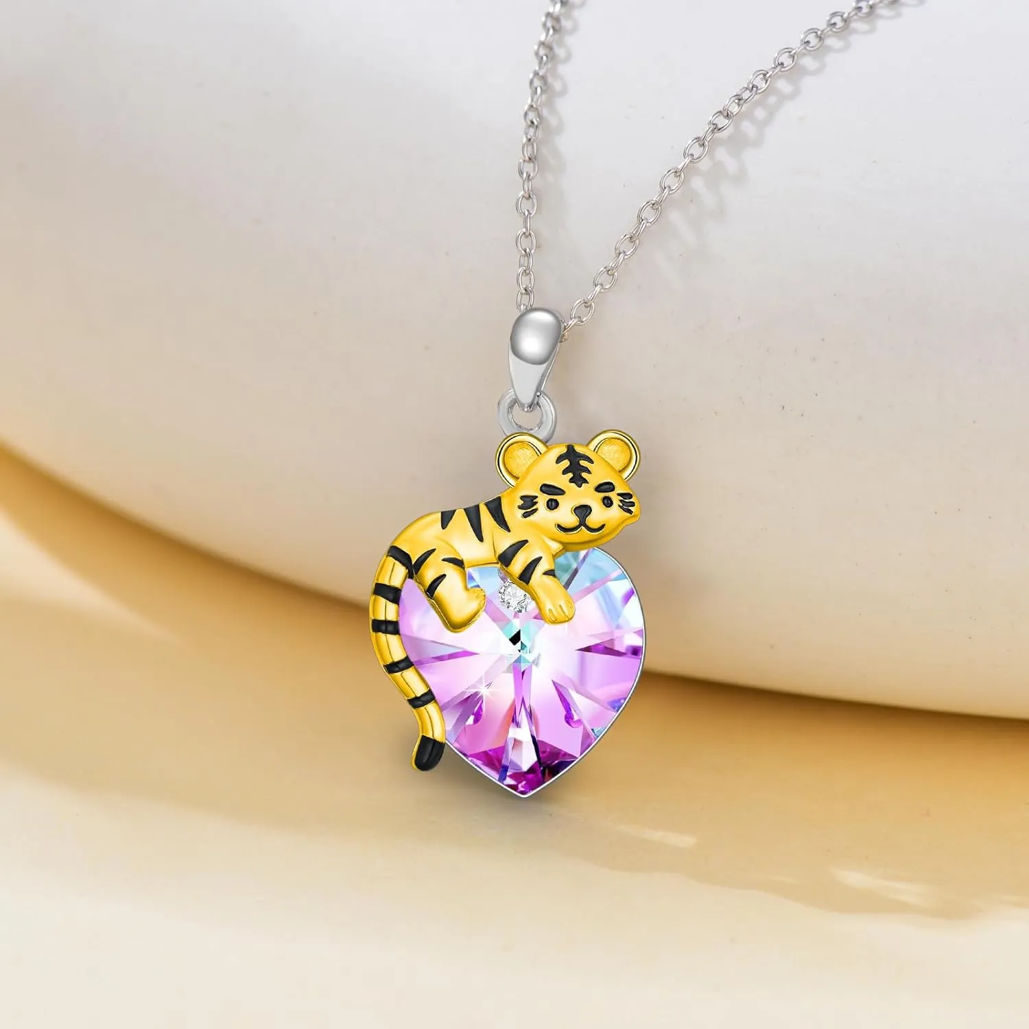 LONAGO Tiger Necklace 925 Sterling Silver Cute Tiger Holding Heart Shaped Crystal Pendant Necklace for Women