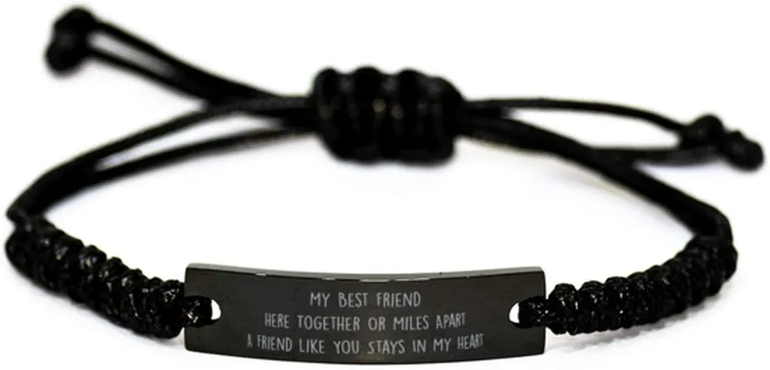 Long Distance Best Friend Best Friend Engraved Black Rope Bracelet for BFF - Best Friend Birthday Engraved Black Rope Bracelet - Friend - Friendship Engraved Black Rope Bracelet