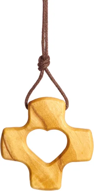 Love Heart Olive Wood Cross Necklace Handmade in Nazareth - Artisan-Crafted Christian Religious Pendant, Golden Brown