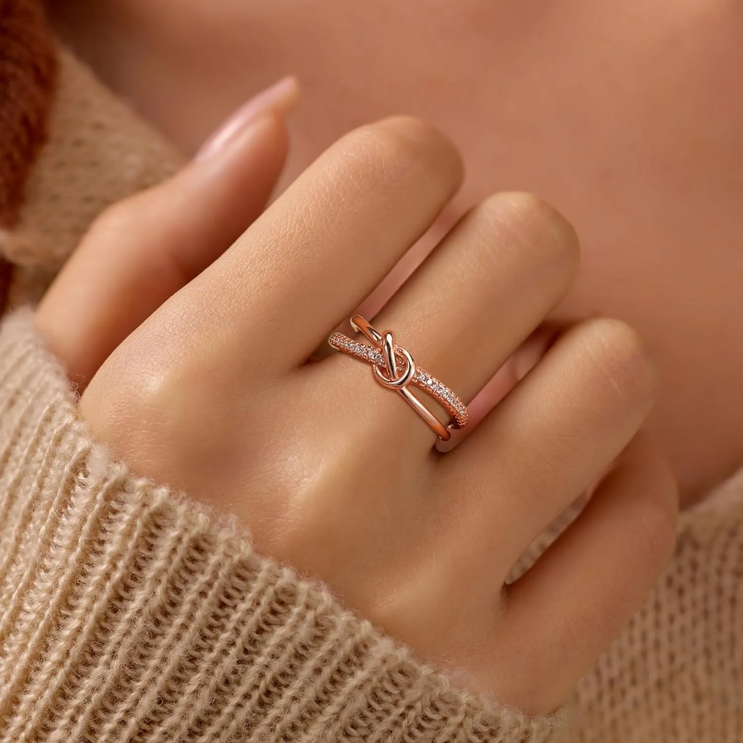 LOVECOM Mother Daughter Friendship Knot Love Rings for Women 925 Sterling Silver Rose Gold Cubic Zirconia Forever Promise Ring Birthday Wedding Jewelry Sister Mom Rings and Daughter Gift