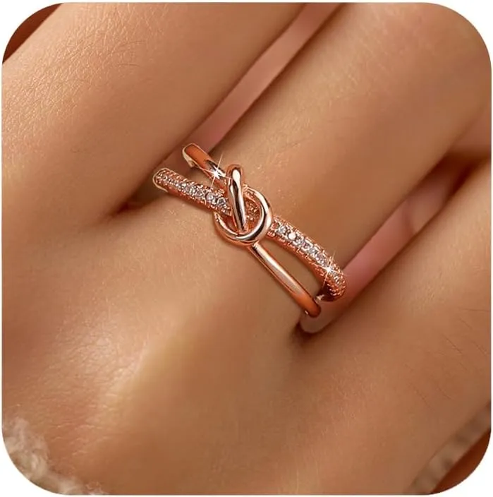 LOVECOM Mother Daughter Friendship Knot Love Rings for Women 925 Sterling Silver Rose Gold Cubic Zirconia Forever Promise Ring Birthday Wedding Jewelry Sister Mom Rings and Daughter Gift