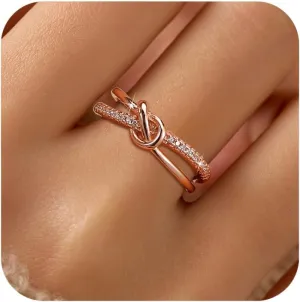 LOVECOM Mother Daughter Friendship Knot Love Rings for Women 925 Sterling Silver Rose Gold Cubic Zirconia Forever Promise Ring Birthday Wedding Jewelry Sister Mom Rings and Daughter Gift