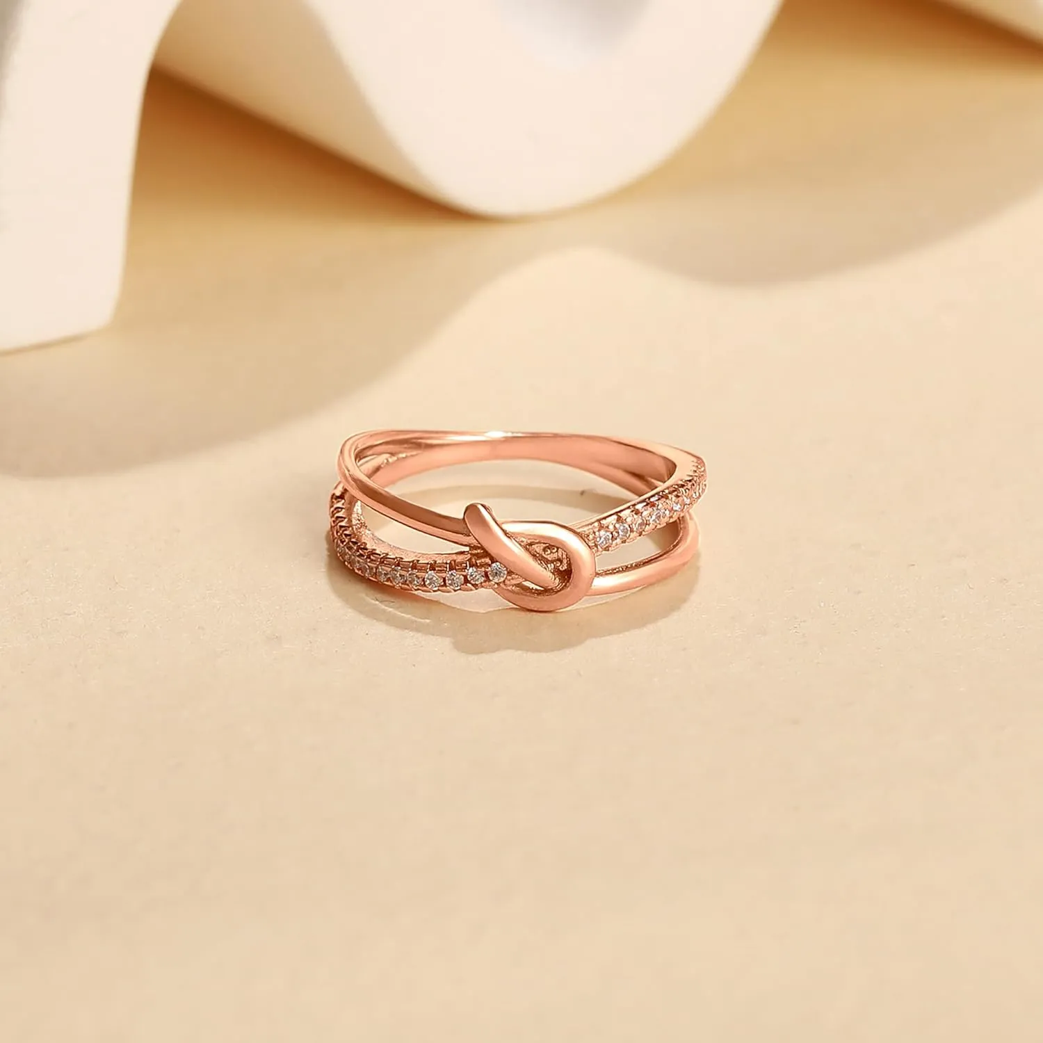 LOVECOM Mother Daughter Friendship Knot Love Rings for Women 925 Sterling Silver Rose Gold Cubic Zirconia Forever Promise Ring Birthday Wedding Jewelry Sister Mom Rings and Daughter Gift