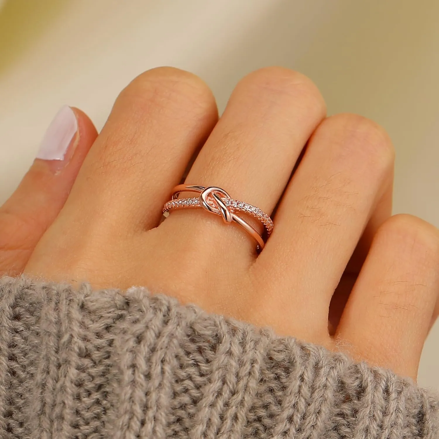 LOVECOM Mother Daughter Friendship Knot Love Rings for Women 925 Sterling Silver Rose Gold Cubic Zirconia Forever Promise Ring Birthday Wedding Jewelry Sister Mom Rings and Daughter Gift