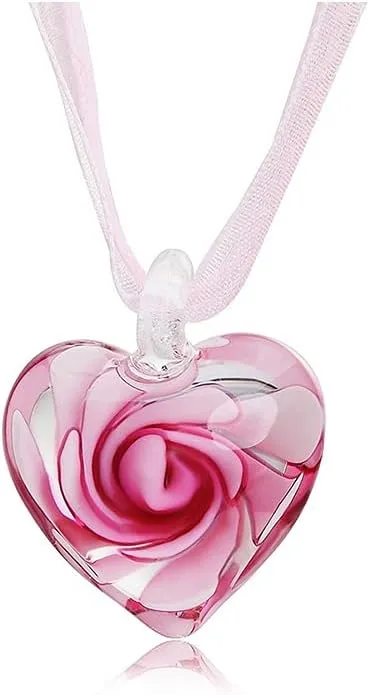 Lovely Glaze Spiral Heart-Shape Pendant Necklace Inlaid Flower Geometric Ribbon Chain Creative Jewelry for Women Gifts - Pink Flower