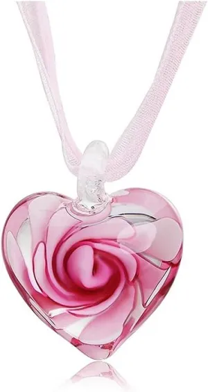 Lovely Glaze Spiral Heart-Shape Pendant Necklace Inlaid Flower Geometric Ribbon Chain Creative Jewelry for Women Gifts - Pink Flower