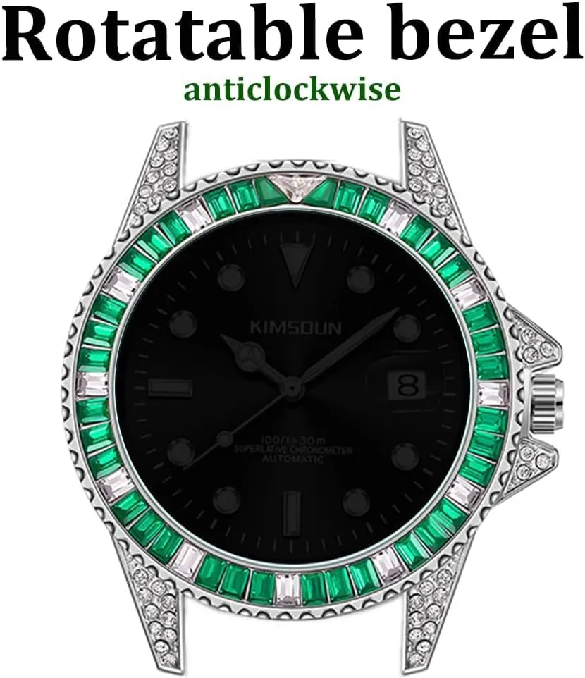 Luxury Mens Watch Male Automatic Fashion Mechanical Watches Date Luminous Diamond Dial Steel Strap Wristwatch Green