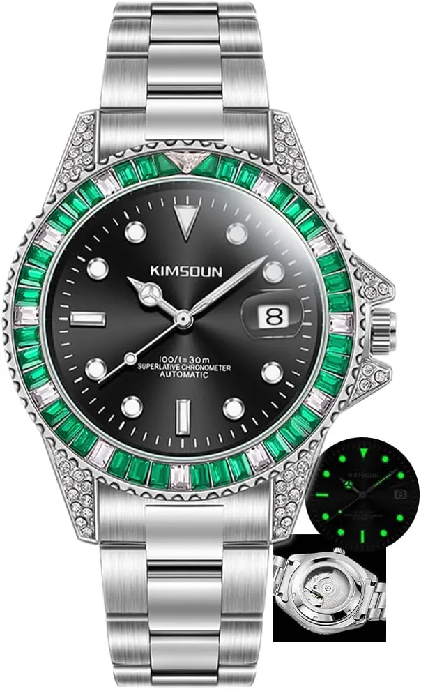Luxury Mens Watch Male Automatic Fashion Mechanical Watches Date Luminous Diamond Dial Steel Strap Wristwatch Green