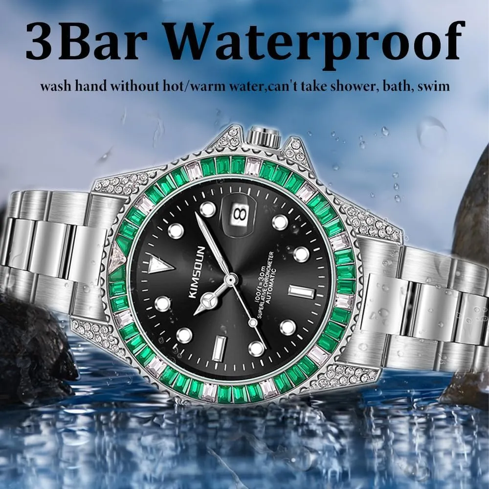 Luxury Mens Watch Male Automatic Fashion Mechanical Watches Date Luminous Diamond Dial Steel Strap Wristwatch Green