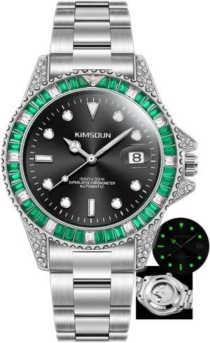 Luxury Mens Watch Male Automatic Fashion Mechanical Watches Date Luminous Diamond Dial Steel Strap Wristwatch Green