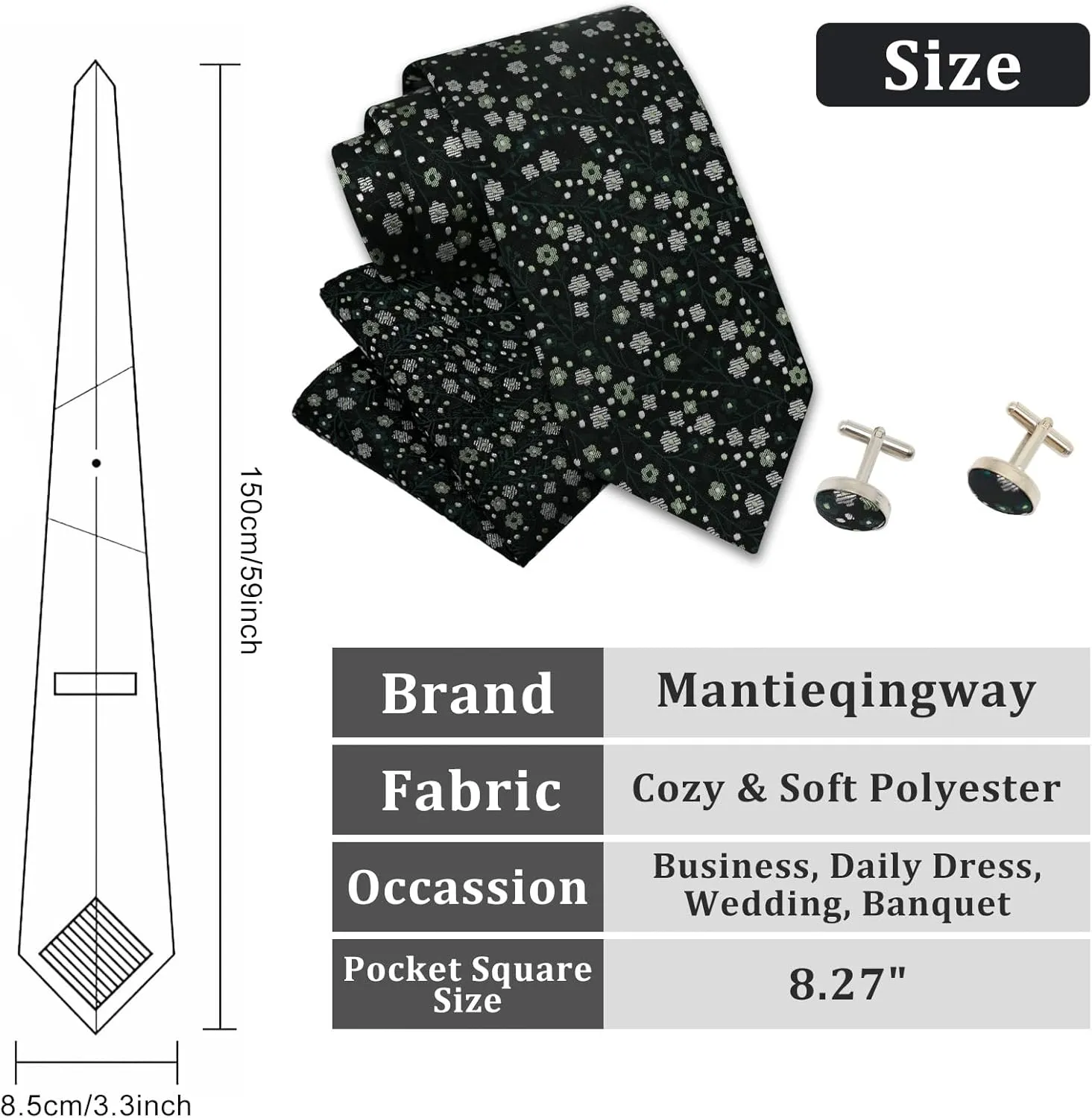 Mantieqingway Floral Ties for Men Handkerchief Cufflinks Set, Groomsmen Tie Polyester Necktie for Wedding Informal Prom Party