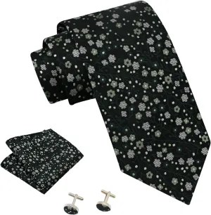 Mantieqingway Floral Ties for Men Handkerchief Cufflinks Set, Groomsmen Tie Polyester Necktie for Wedding Informal Prom Party