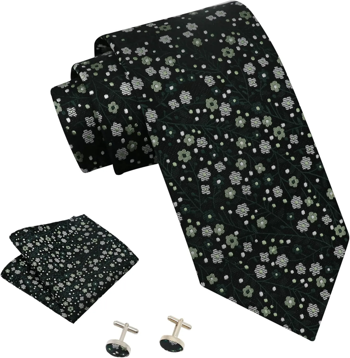 Mantieqingway Floral Ties for Men Handkerchief Cufflinks Set, Groomsmen Tie Polyester Necktie for Wedding Informal Prom Party