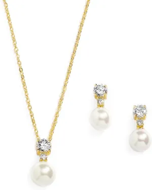 Mariell Pearl Wedding Necklace Earrings Set with CZ Crystal, Gold Jewelry for Brides, Prom, Mother's Day