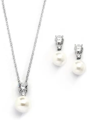 Mariell Pearl Wedding Necklace Earrings Set with CZ Crystal, Jewelry for Brides, Bridesmaid, Mother's Day