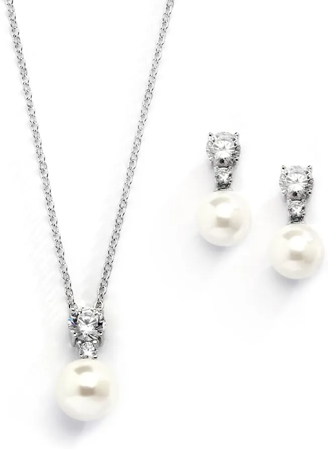 Mariell Pearl Wedding Necklace Earrings Set with CZ Crystal, Jewelry for Brides, Bridesmaid, Mother's Day