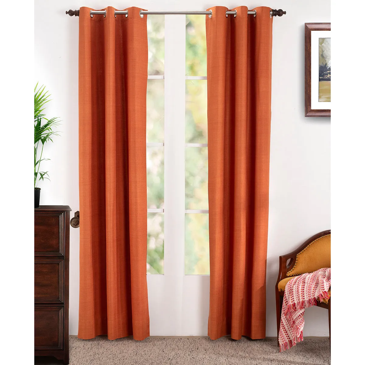 Marly Matt Textured 2PC Rust Orange Curtain Set