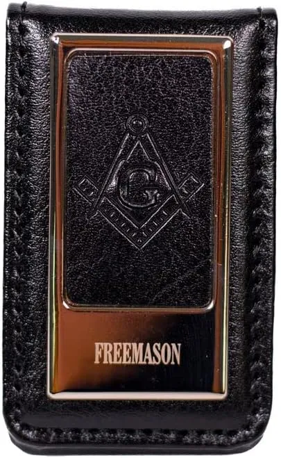 Masonic Folding Money Clip Masonic Insignia Freemason Tie Clip,Made from 100% Real Genuine Soft Leather,Strong Magnetic Capability, M, Leather