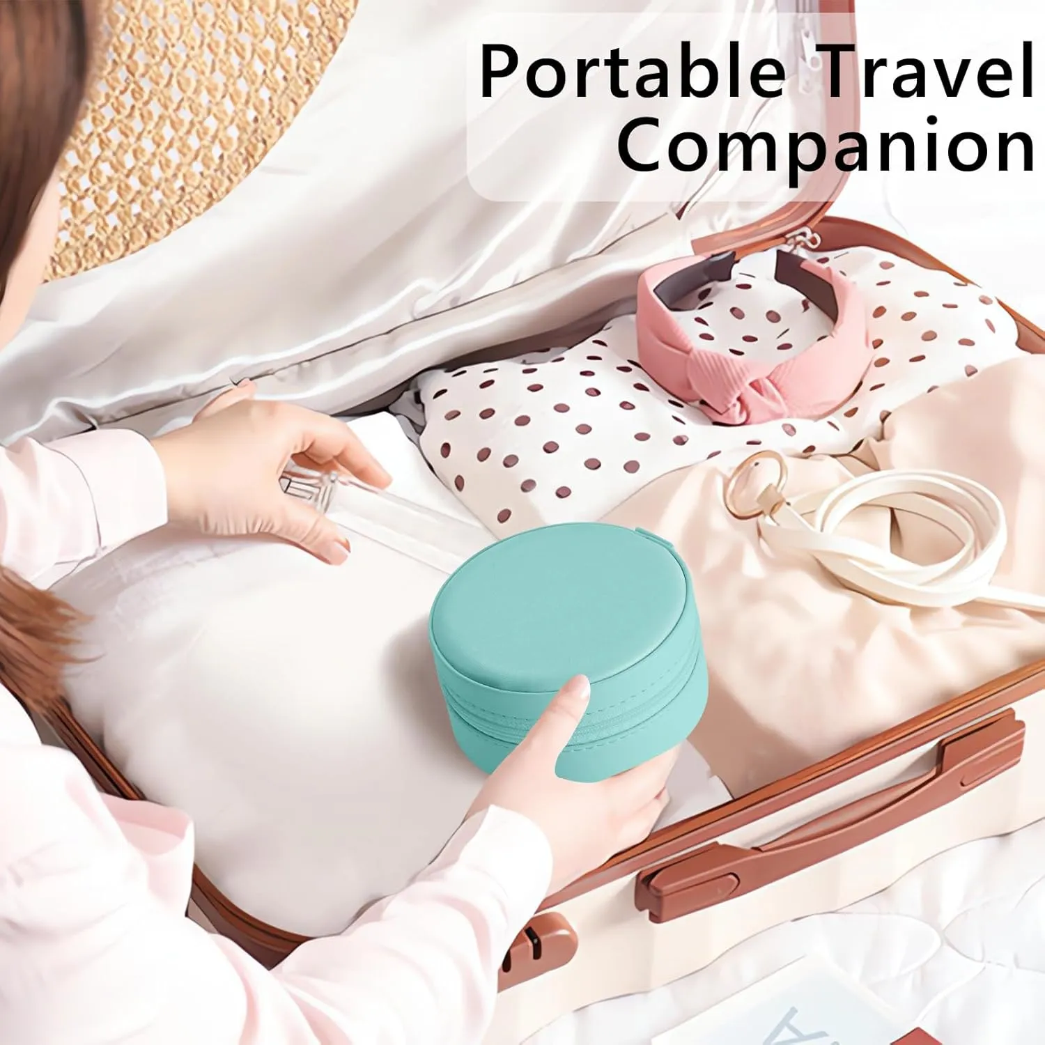 MAYCARI Portable Mini Jewelry Box for Girls Round Pu Leather Travel Jewelry Case for Pendant, Earring, Necklace, Ring Jewelry Gift Storage Organizer for Women (Blue)