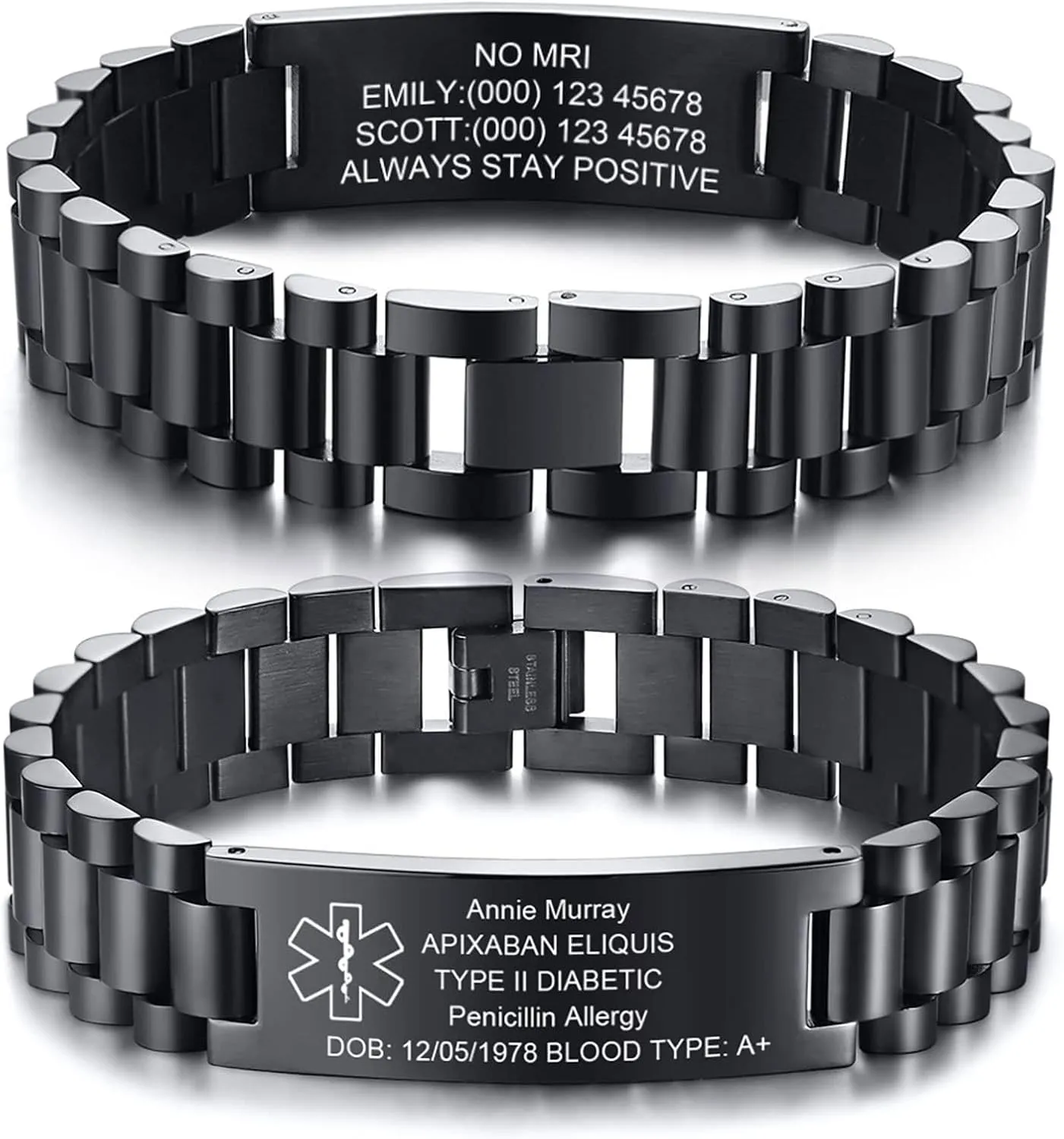 MEALGUET Medical ID Bracelet for Men: Free Engraving Stainless Steel Masculine Watch Band Style Medical Alert Wristband Personalized Medic ID Bracelet Jewelry for Men Dad