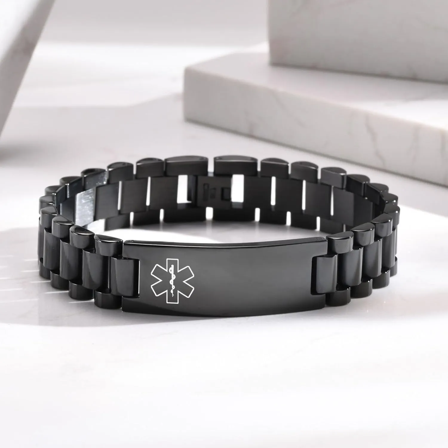 MEALGUET Medical ID Bracelet for Men: Free Engraving Stainless Steel Masculine Watch Band Style Medical Alert Wristband Personalized Medic ID Bracelet Jewelry for Men Dad