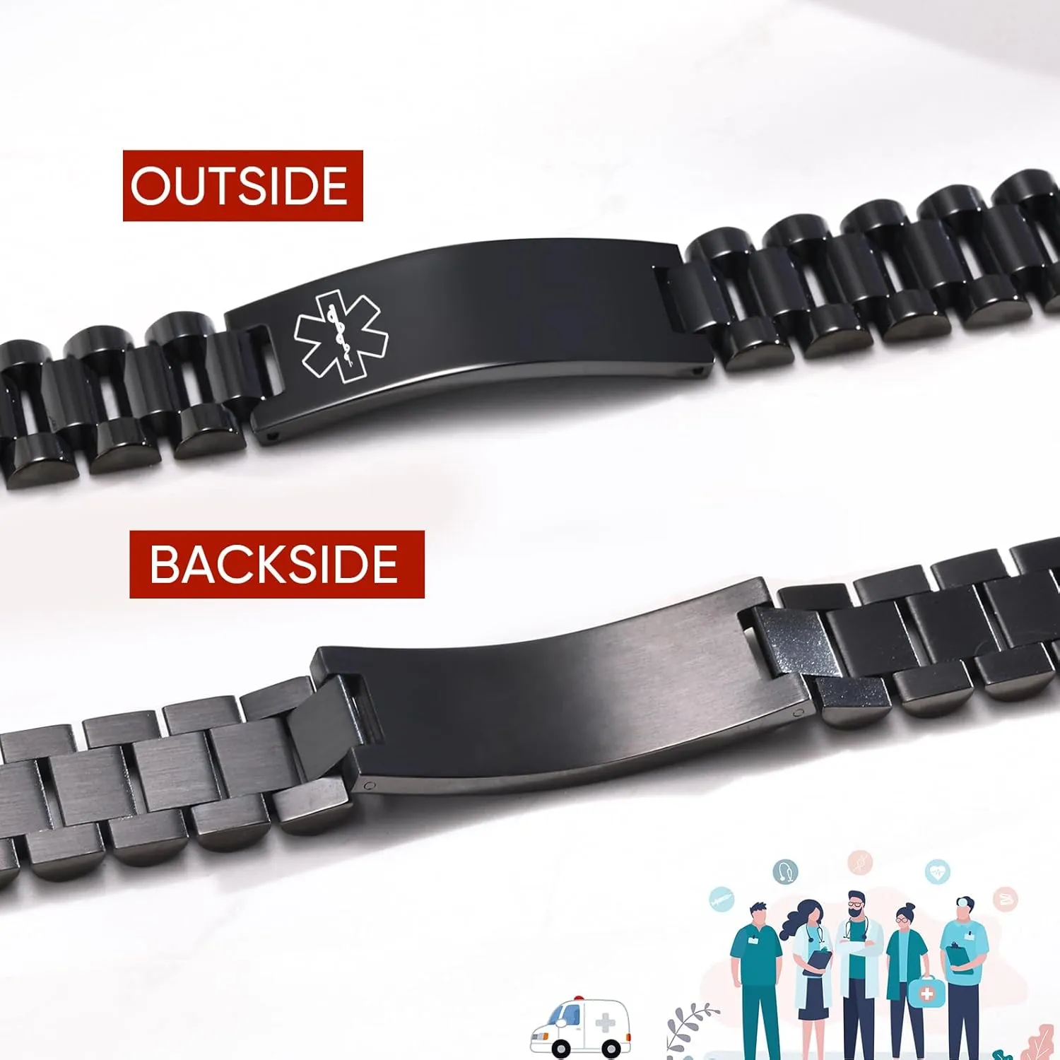 MEALGUET Medical ID Bracelet for Men: Free Engraving Stainless Steel Masculine Watch Band Style Medical Alert Wristband Personalized Medic ID Bracelet Jewelry for Men Dad
