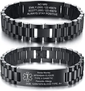 MEALGUET Medical ID Bracelet for Men: Free Engraving Stainless Steel Masculine Watch Band Style Medical Alert Wristband Personalized Medic ID Bracelet Jewelry for Men Dad