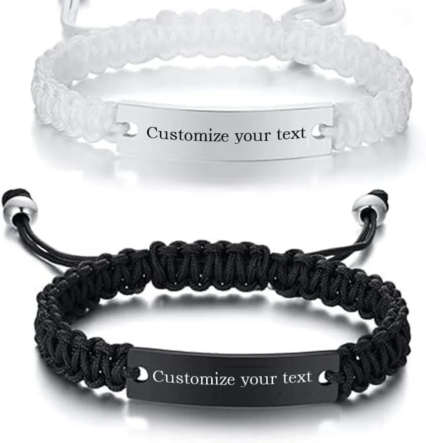 MEALGUET Personalized ID Couple Bracelets Custom Engraving Handmade Braided Rope Wrist Bangle for Men Women Friendship, Adjustable,Customized Bracelet Gift for Men Husband, black