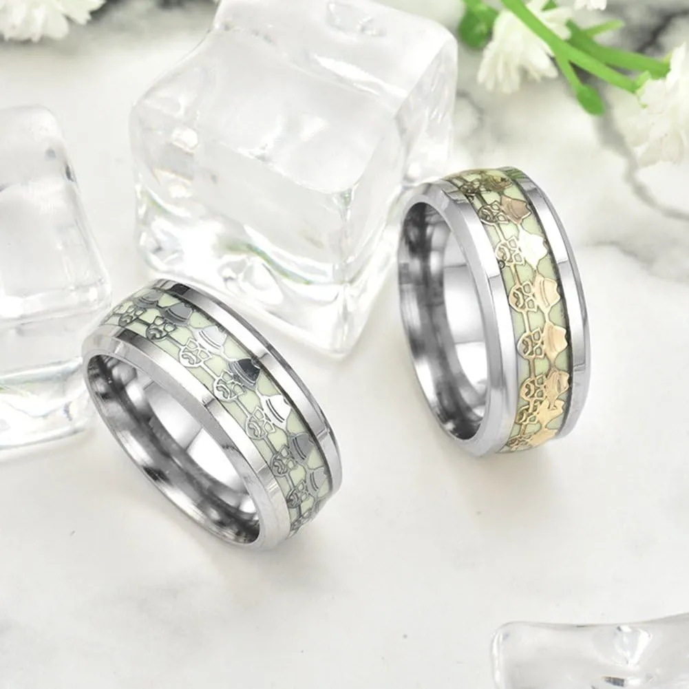 Men 8mm Wide Luminous Effect Titanium Steel Gentleman Ring Band Glow in The Dark(Silver)