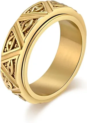 Men's 8MM Stainless Steel Vintage Eye of Horus Spinner Ring Ancient Egyptian Triangle Eye Symbol Fidget Rings