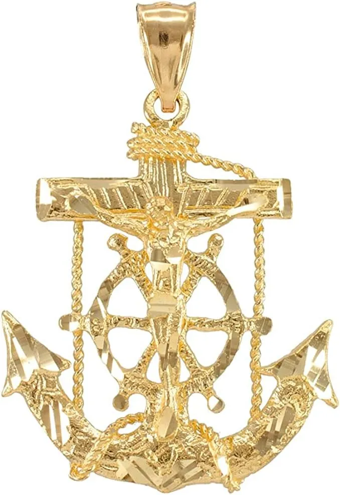 Men's Fine Jewelry 14k Yellow Gold Mariner Crucifix Anchor Cross Pendant Charm